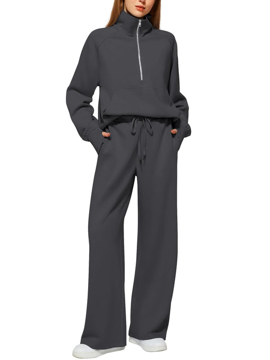 Casual Damen Outfit 2-teilig – Half-Zip Sweatshirt & weite Hose, sportlicher Look