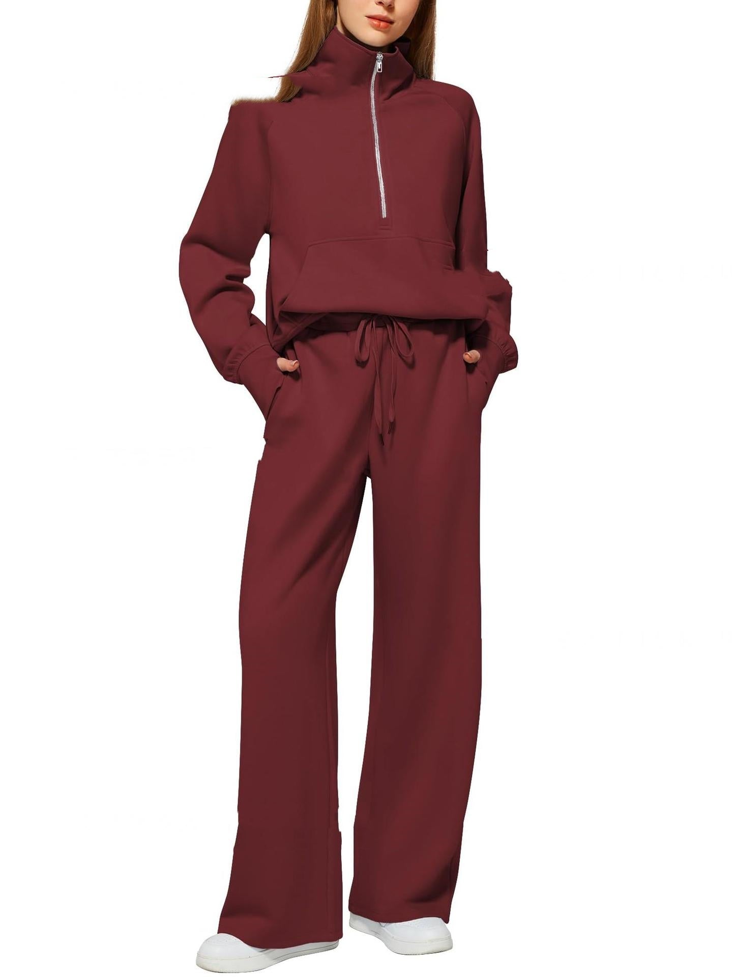 Casual Damen Outfit 2-teilig – Half-Zip Sweatshirt & weite Hose, sportlicher Look