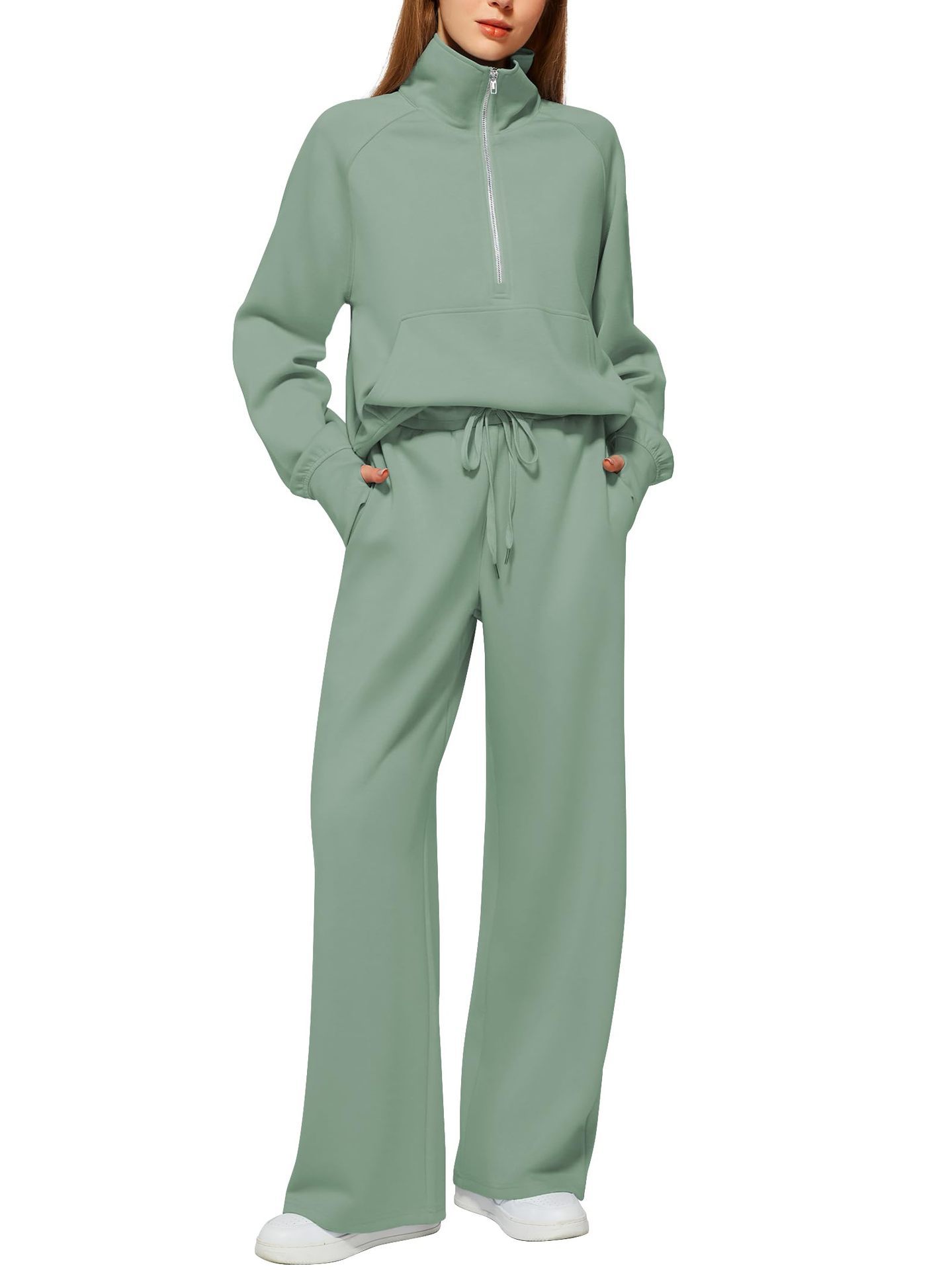 Casual Damen Outfit 2-teilig – Half-Zip Sweatshirt & weite Hose, sportlicher Look
