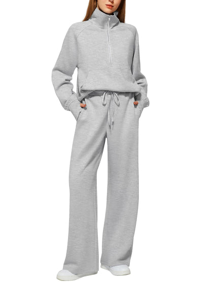 Casual Damen Outfit 2-teilig – Half-Zip Sweatshirt & weite Hose, sportlicher Look