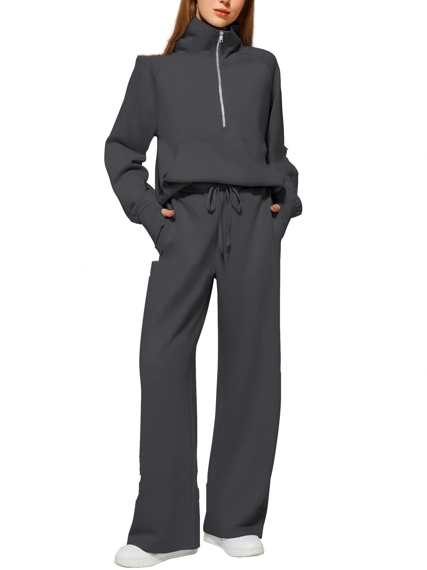 Casual Damen Outfit 2-teilig – Half-Zip Sweatshirt & weite Hose, sportlicher Look