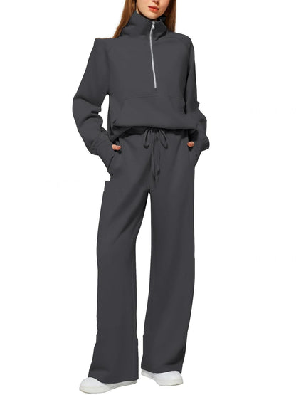 Casual Damen Outfit 2-teilig – Half-Zip Sweatshirt & weite Hose, sportlicher Look