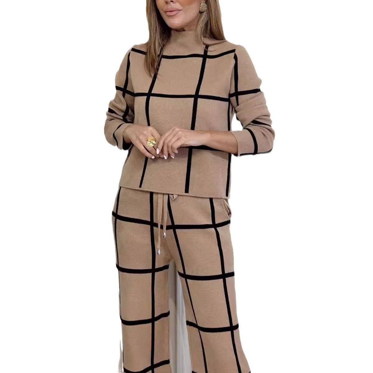 Damen 2-teiliges Set – Rollkragenpullover & karierte Hose, langärmelig