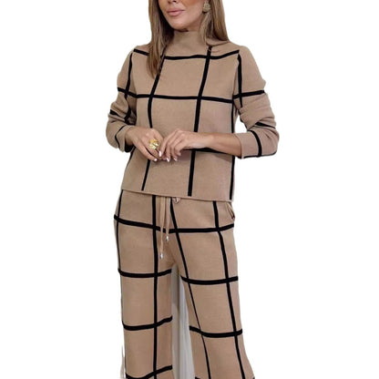 Damen 2-teiliges Set – Rollkragenpullover & karierte Hose, langärmelig