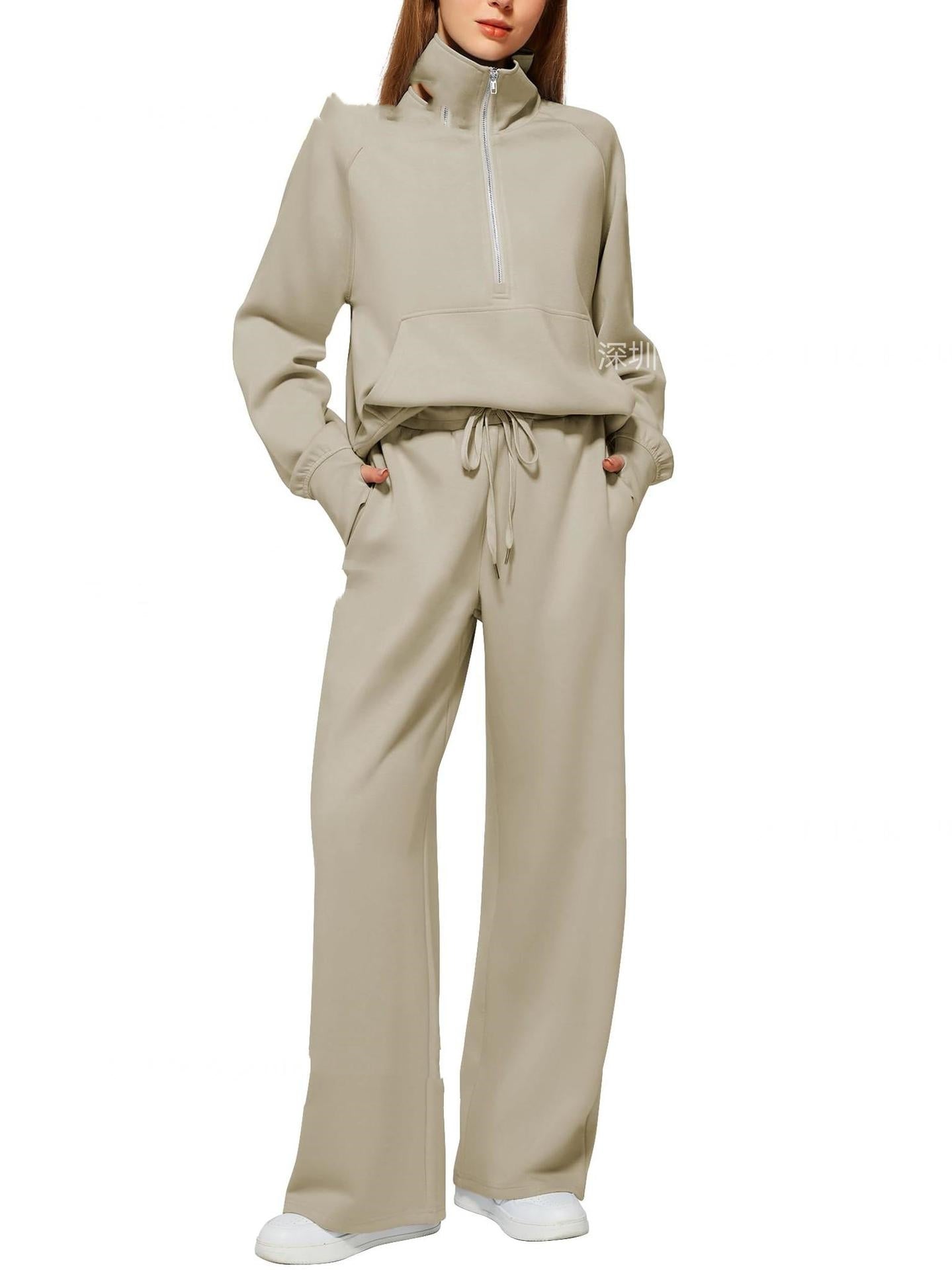 Casual Damen Outfit 2-teilig – Half-Zip Sweatshirt & weite Hose, sportlicher Look