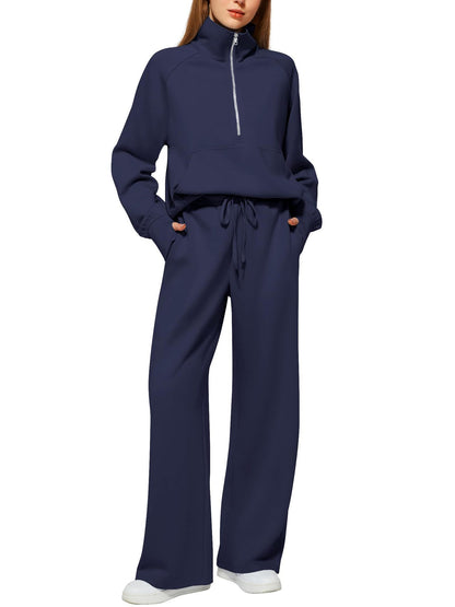 Casual Damen Outfit 2-teilig – Half-Zip Sweatshirt & weite Hose, sportlicher Look