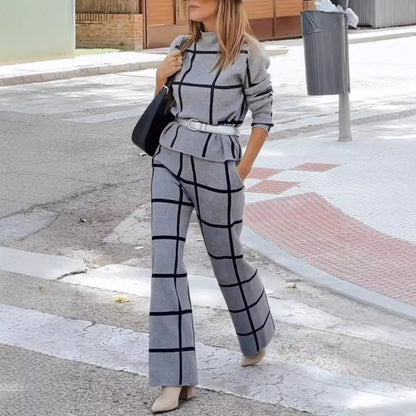 Damen 2-teiliges Set – Rollkragenpullover & karierte Hose, langärmelig