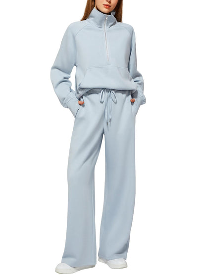 Casual Damen Outfit 2-teilig – Half-Zip Sweatshirt & weite Hose, sportlicher Look