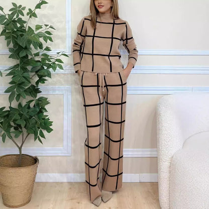 Damen 2-teiliges Set – Rollkragenpullover & karierte Hose, langärmelig