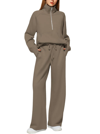 Casual Damen Outfit 2-teilig – Half-Zip Sweatshirt & weite Hose, sportlicher Look