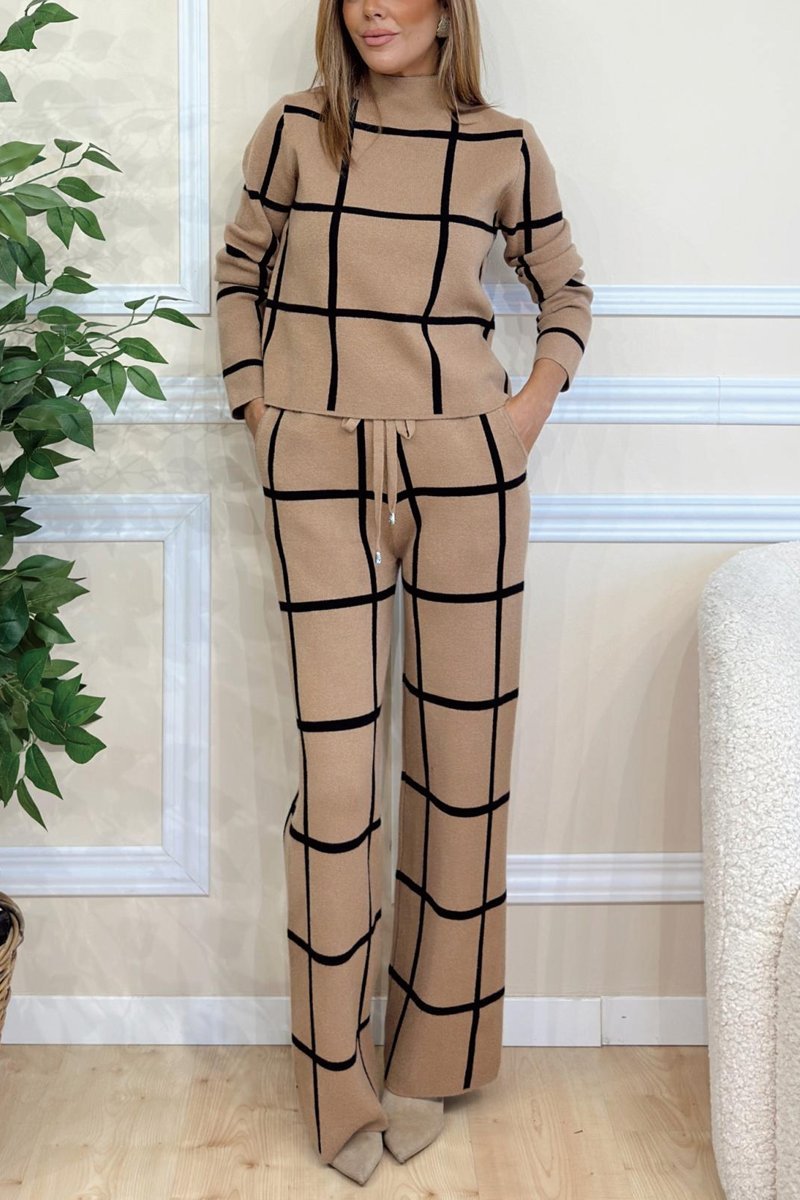 Damen 2-teiliges Set – Rollkragenpullover & karierte Hose, langärmelig