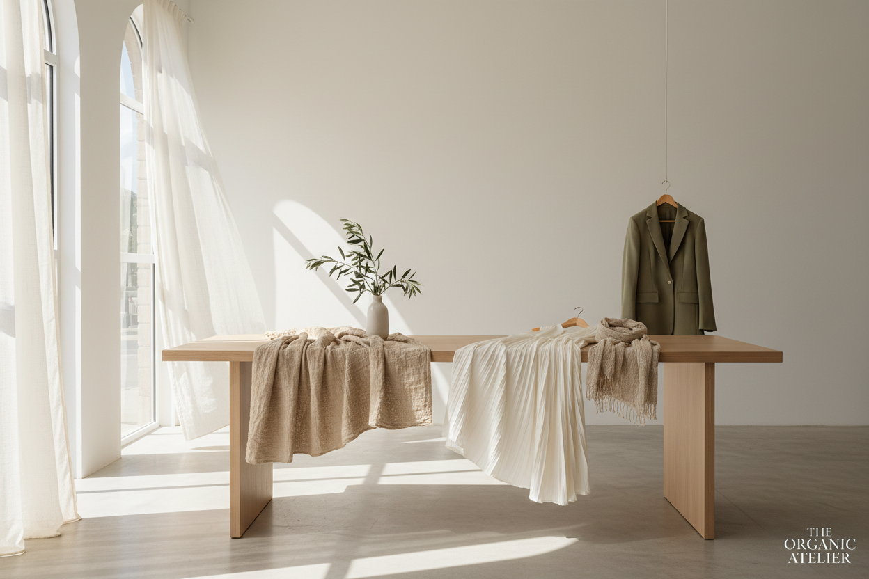 Natural, organic lifestyle hero image for a premium fashion boutique.
Soft daylight, airy and calm mood, linen and cotton textures, light wood, subtle greenery.
Minimal composition with lots of negative space, elegant and modern.
Warm neutral color palette: beige, sand, off-white, soft olive.
High-quality, realistic photography style. Wide homepage banner. PNG.
